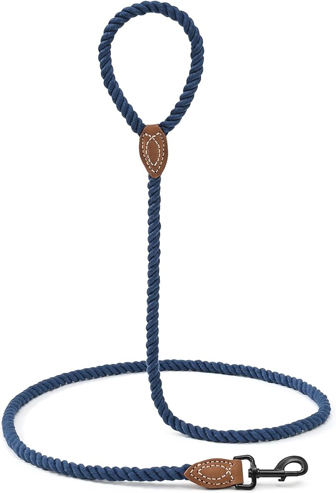 Blue Cotton Rope Dog Leash – Heavy Duty 47" Training Lead with Leather Trim & Metal Clip – Ideal for Small to Medium Dogs