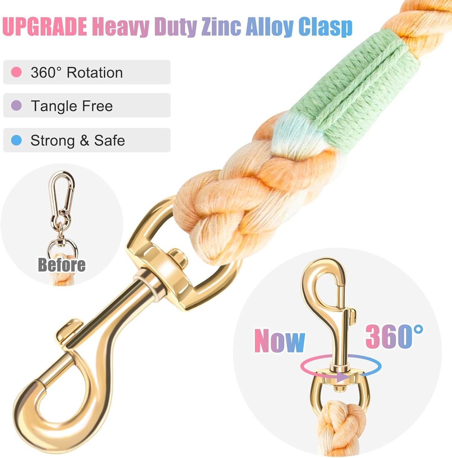 5FT Rainbow - Braided Dog Leash (with Poop Bag Dispenser Hook, 360° Rotating Clasp Design)