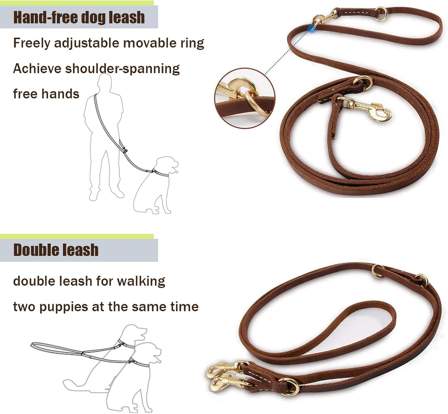 3-in-1 Multifunctional Leather Dog Leash – Hands-Free, Dual-Dog, or Traditional Lead – Adjustable PU Leather Walking Leash with Metal Clips