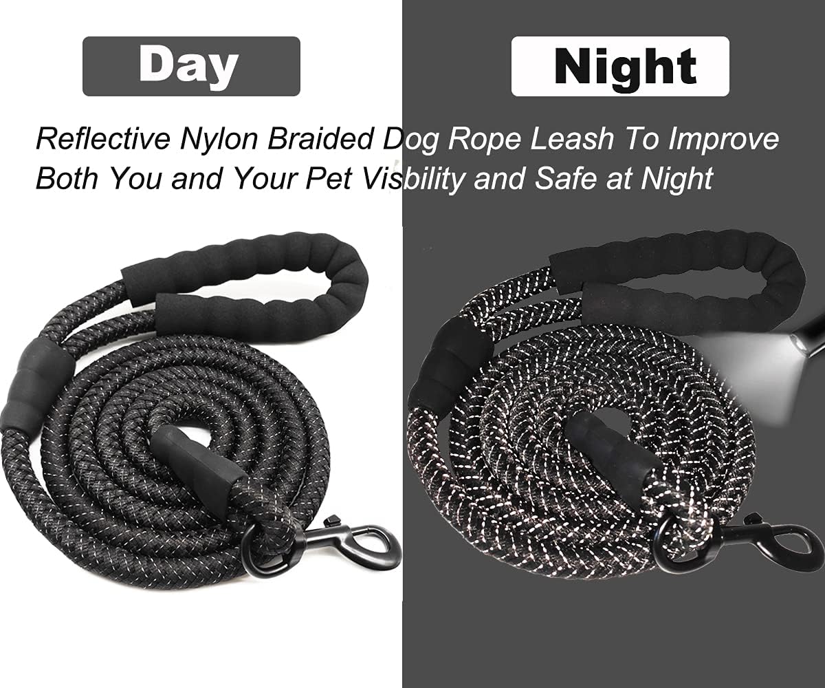 Reflective Heavy Duty Nylon Dog Leash – 5ft Long Padded Handle Rope Lead for Night Safety, Medium to Large Dogs