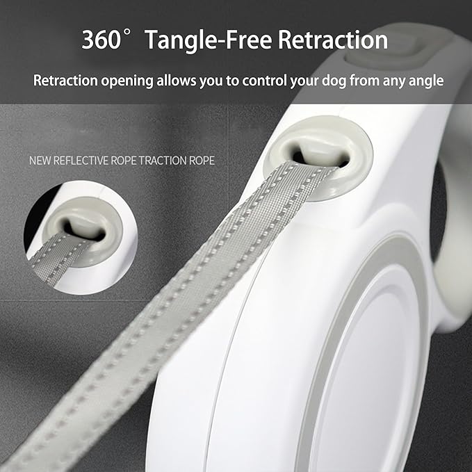White & Gray Retractable Dog Leash – 16.4ft Nylon Tape Lead with One-Button Brake & Lock – Ergonomic Handle for Small to Medium Dogs