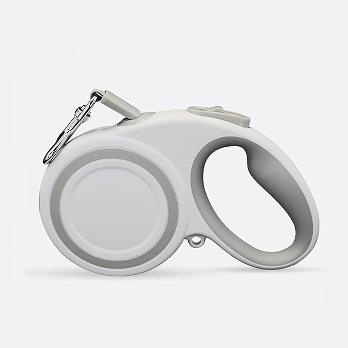 White & Gray Retractable Dog Leash – 16.4ft Nylon Tape Lead with One-Button Brake & Lock – Ergonomic Handle for Small to Medium Dogs
