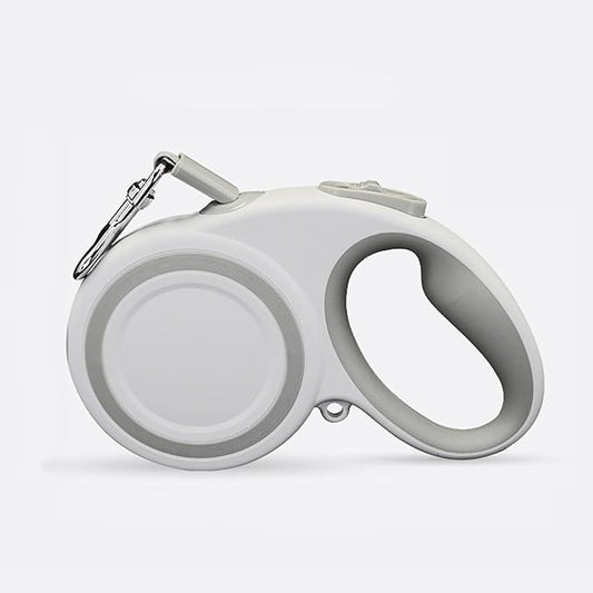 White & Gray Retractable Dog Leash – 16.4ft Nylon Tape Lead with One-Button Brake & Lock – Ergonomic Handle for Small to Medium Dogs