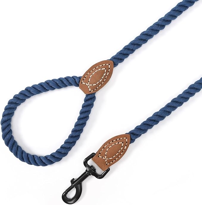Blue Cotton Rope Dog Leash – Heavy Duty 47" Training Lead with Leather Trim & Metal Clip – Ideal for Small to Medium Dogs