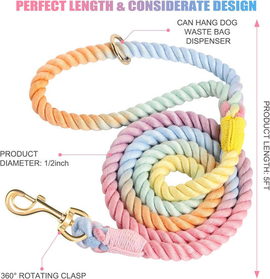 5FT Rainbow - Braided Dog Leash (with Poop Bag Dispenser Hook, 360° Rotating Clasp Design)