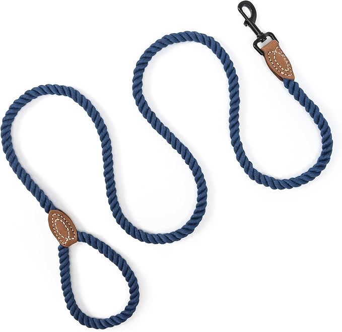 Blue Cotton Rope Dog Leash – Heavy Duty 47" Training Lead with Leather Trim & Metal Clip – Ideal for Small to Medium Dogs