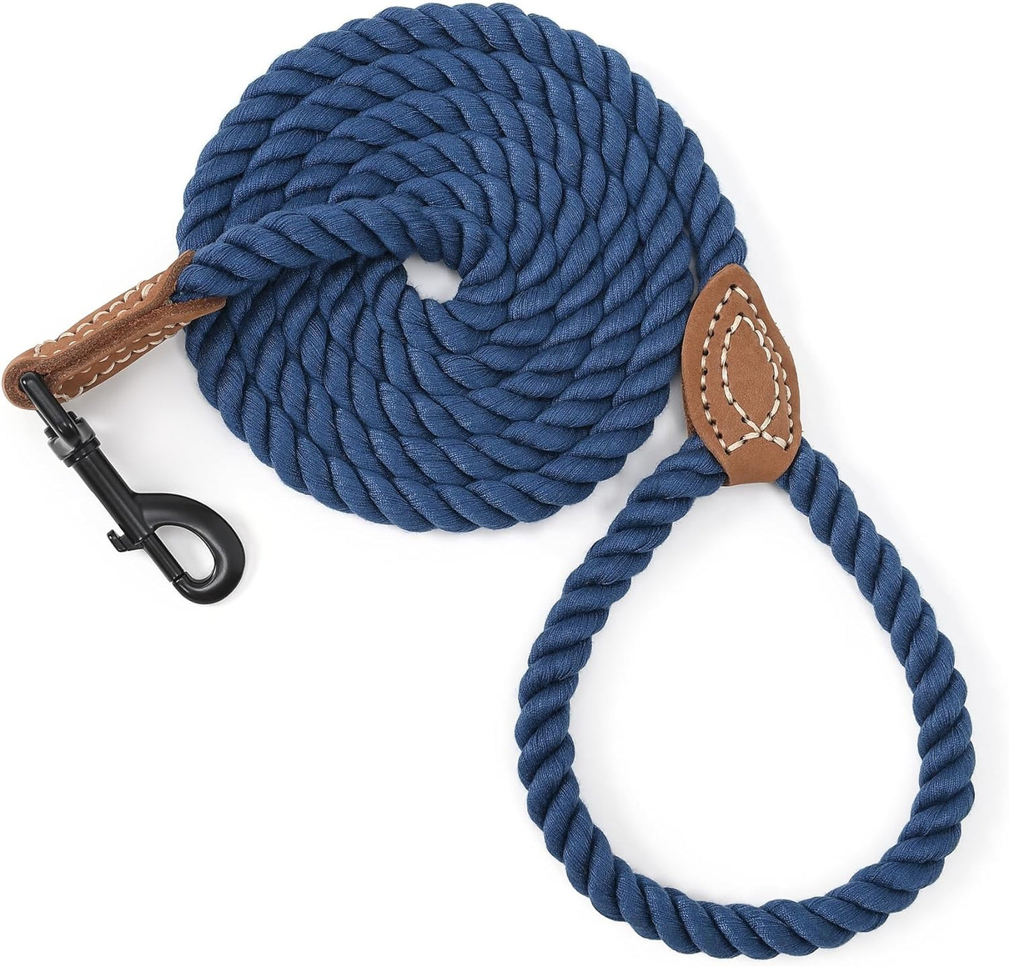 Blue Cotton Rope Dog Leash – Heavy Duty 47" Training Lead with Leather Trim & Metal Clip – Ideal for Small to Medium Dogs