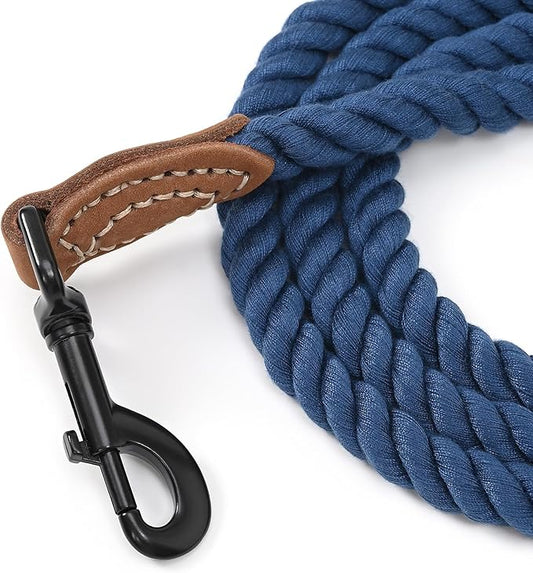 Blue Cotton Rope Dog Leash – Heavy Duty 47" Training Lead with Leather Trim & Metal Clip – Ideal for Small to Medium Dogs